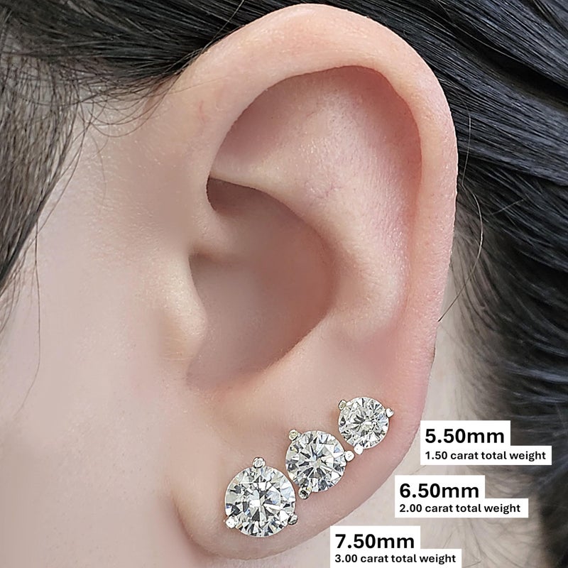 Central Diamond Center 14K Gold Post & Sterling Silver Made with Swarovski Zirconia 3 Prong Martini Stud Earrings - Platinum Plated 7.50mm 3.00cttw - Image 3